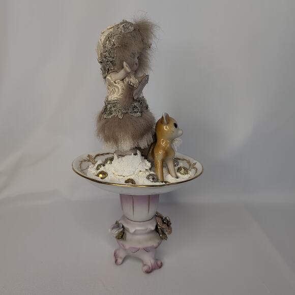 Handmade Christmas Assemblage on China Pieces Bottlebrush Tree Deer Doll - Picture 3 of 13